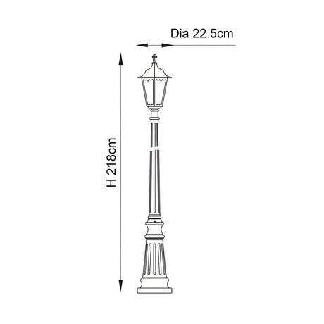 Dimensions diagram of the Endon Ashshaw traditional lamp post in matt black, showing height 218cm and lantern diameter 22.5cm on a white background.