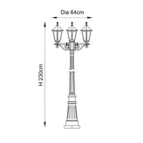 Dimension diagram of Endon Ashshaw 3 Light Lamp Post in black, showing 230cm height and 64cm diameter across three traditional lanterns.