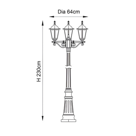 Dimension diagram of Endon Ashshaw 3 Light Lamp Post in black, showing 230cm height and 64cm diameter across three traditional lanterns.