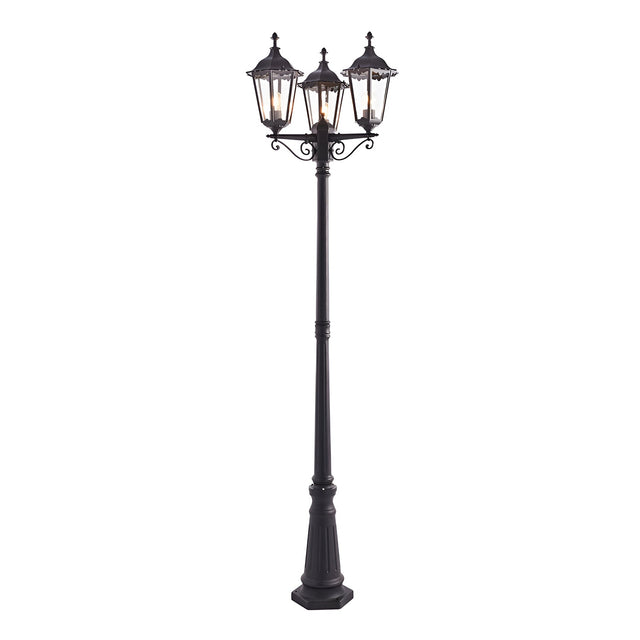 Endon Ashshaw 3 light lamp post in matt black die cast aluminium with three traditional clear glass lanterns on a fluted column, IP44 rated for outdoor use.