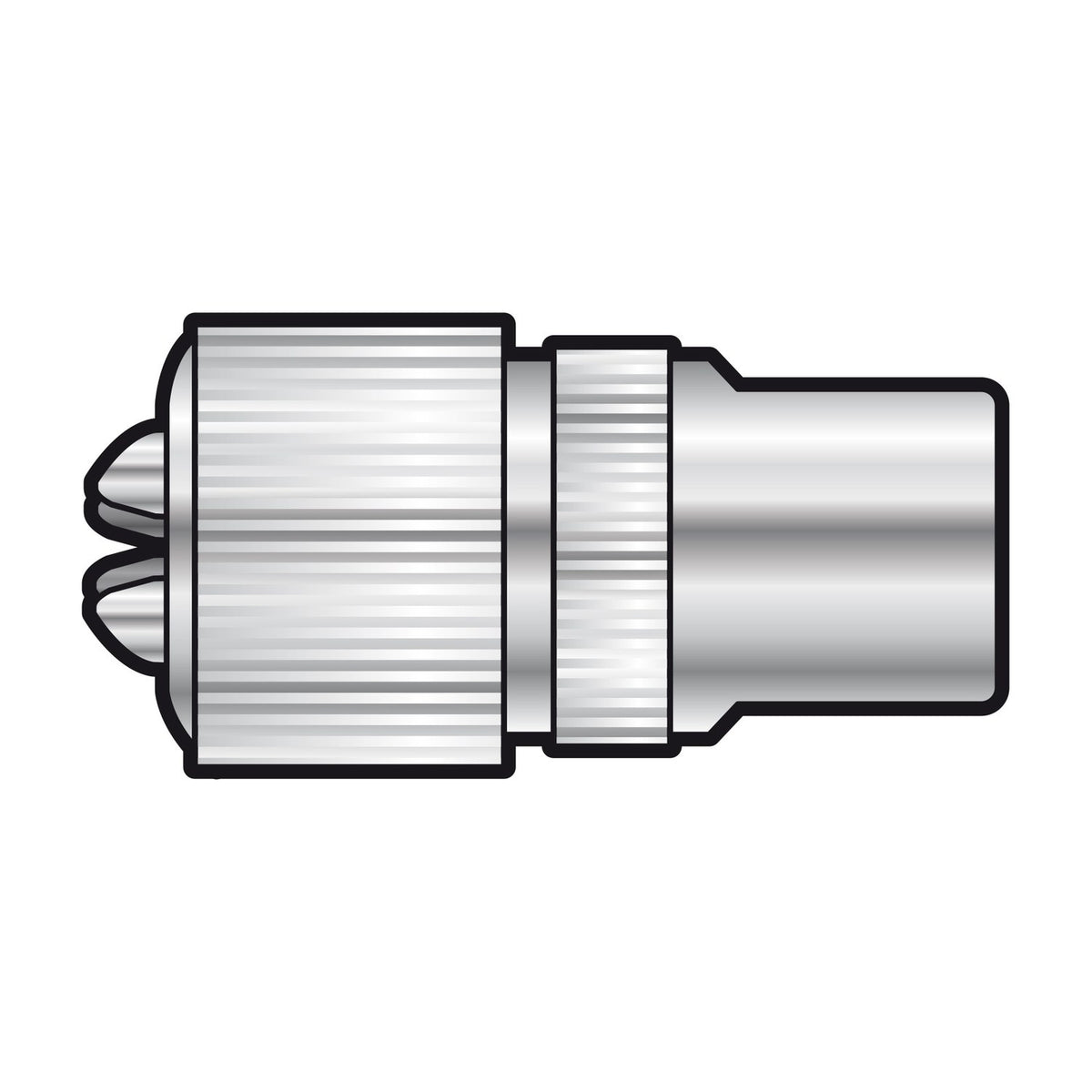 AV:Link nickel plated brass coaxial plug with knurled grip and male pin connector for aerial installations, shown on a plain white background.