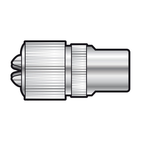 AV:Link nickel plated brass coaxial plug with knurled grip and male pin connector for aerial installations, shown on a plain white background.