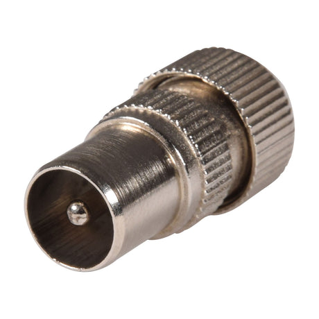 AV:Link nickel plated coaxial plug with knurled brass body and male centre pin, shown on a plain white background.