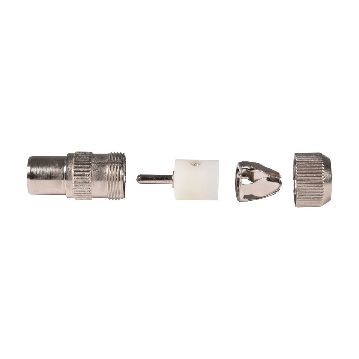 AV:Link nickel plated coaxial plug shown disassembled into four parts including threaded body, white insulator with centre pin, metal clamp and end cap.