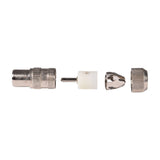 AV:Link nickel plated coaxial plug shown disassembled into four parts including threaded body, white insulator with centre pin, metal clamp and end cap.
