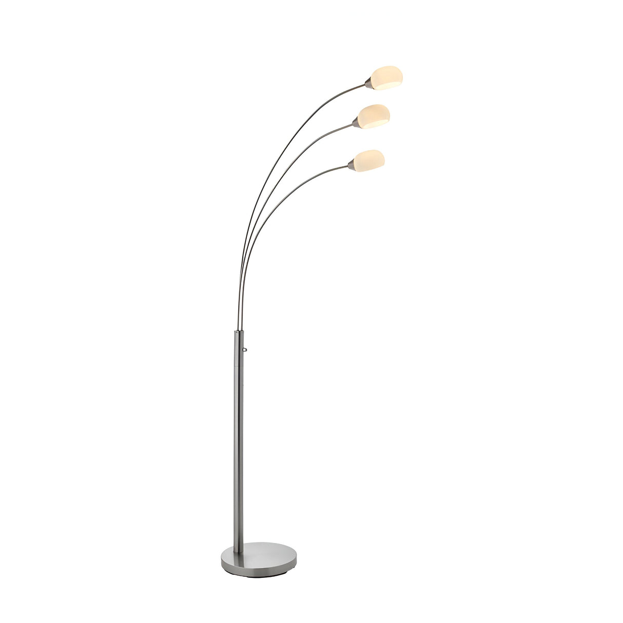 Endon Brockcombe 3 light floor lamp with satin nickel arched frame and three white glass shades on a round base, shown on a plain white background.