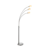 Endon Brockcombe 3 light floor lamp with satin nickel arched frame and three white glass shades on a round base, shown on a plain white background.