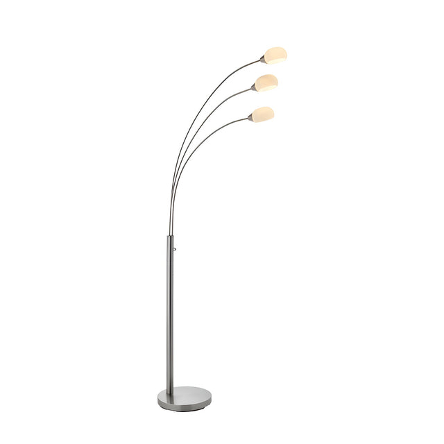 Endon Brockcombe 3 light floor lamp with satin nickel arched frame and three white glass shades on a round base, shown on a plain white background.