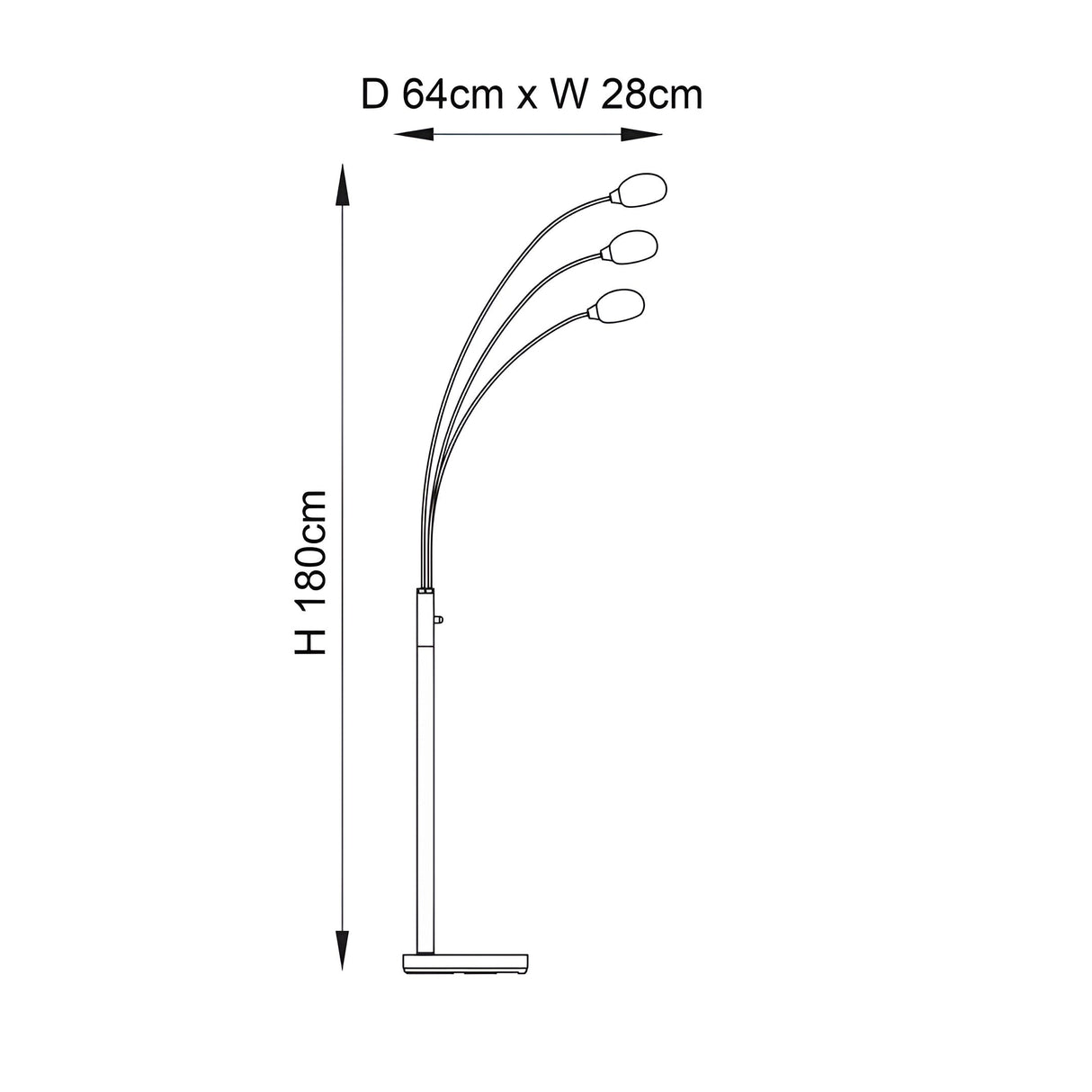 Dimension diagram of the Endon Brockcombe 3 light floor lamp showing 1800mm height, 640mm depth and 280mm width on a plain background.