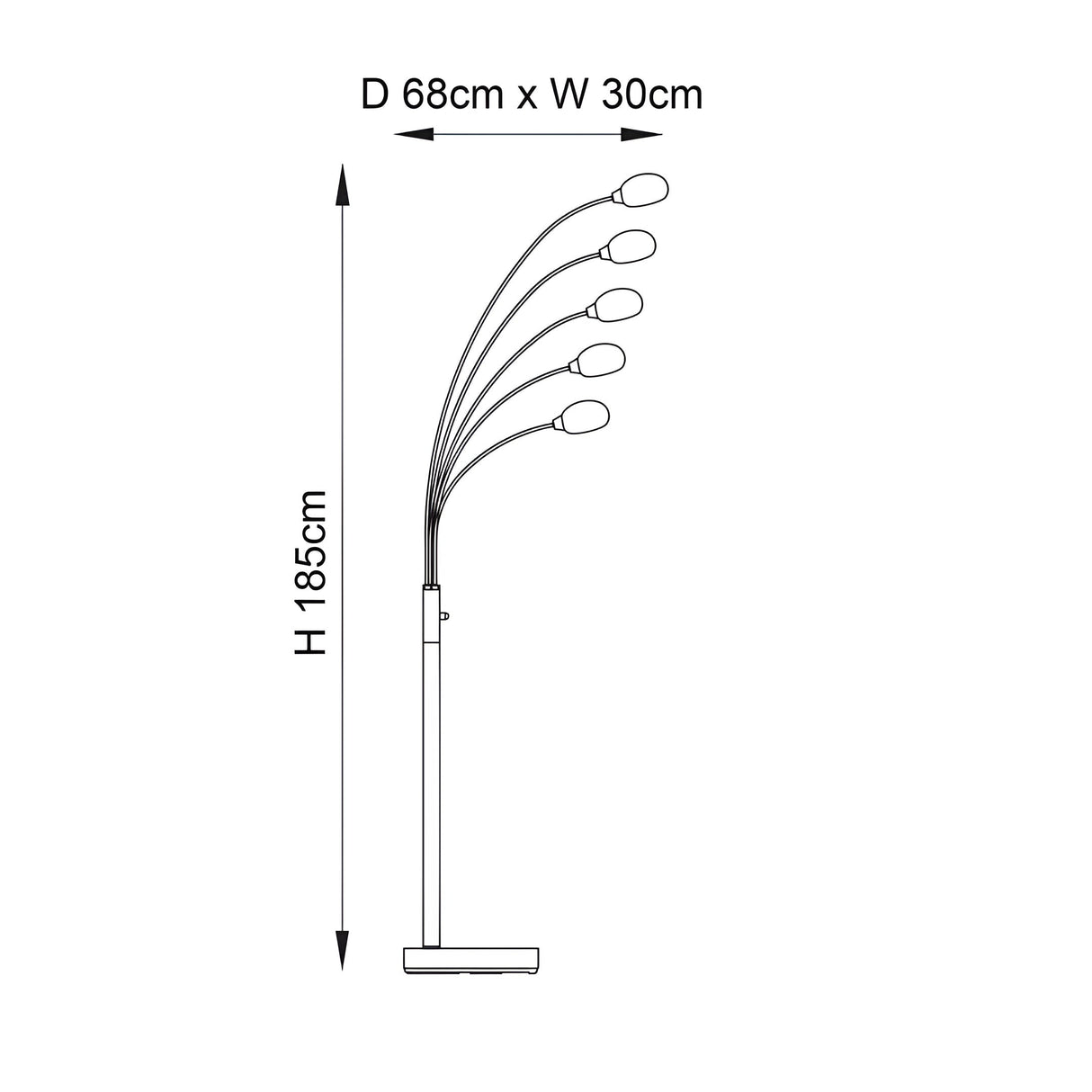 Brockcombe 5-light floor lamp, satin nickel, five arched arms, white glass shades, stepped base; line drawing, 185cm height, 68cm reach.