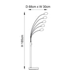 Brockcombe 5-light floor lamp, satin nickel, five arched arms, white glass shades, stepped base; line drawing, 185cm height, 68cm reach.