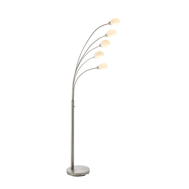 Brockcombe 5 Light Floor Lamp in satin nickel, with five arched arms each tipped with a white glass shade, on a round base against a plain white background.