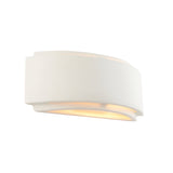 Endon Bramhurst wall light in white un-glazed ceramic with a curved wraparound form casting an up-and-down glow, shown on a plain white background.