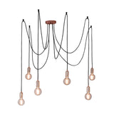 Endon Marlowe 6 light pendant with copper-plated E27 lamp holders on draped black fabric cables and exposed globe bulbs, shown on a white background.