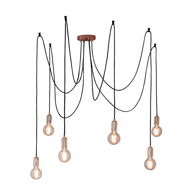 Endon Marlowe 6 light pendant with copper-plated E27 lamp holders on draped black fabric cables and exposed globe bulbs, shown on a white background.