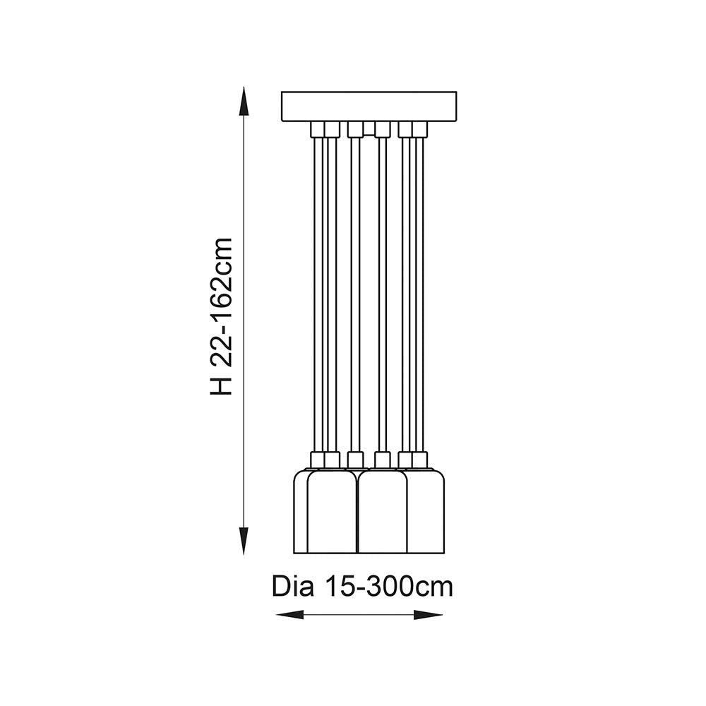 Endon Marlowe 6 Light Pendant dimensions diagram showing height 22-162cm and diameter 15-300cm on a plain white background.