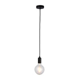 Endon Marlowe pendant light with matt black lampholder and fabric flex, fitted with a clear E27 globe filament bulb, on a plain white background.
