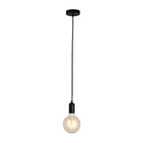Endon Marlowe single-light pendant in matt black with fabric flex and exposed E27 filament bulb, shown on a plain white background.