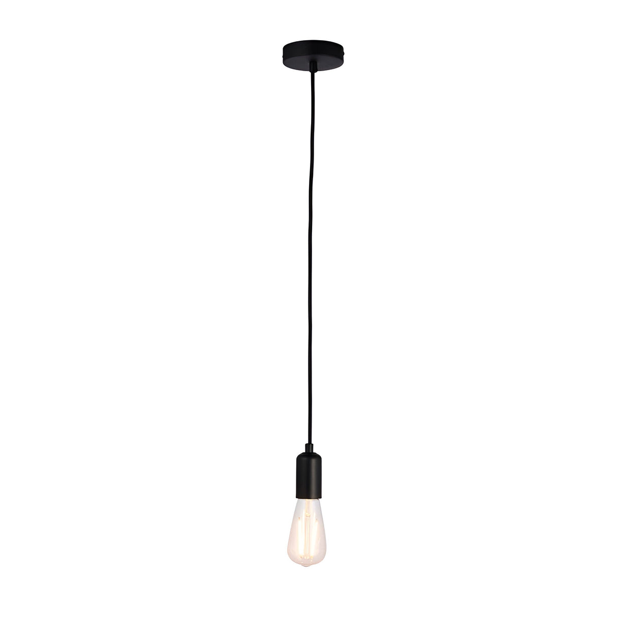 Endon Marlowe pendant light with a matt black E27 lampholder on black fabric flex and exposed filament bulb, shown on a plain white background.
