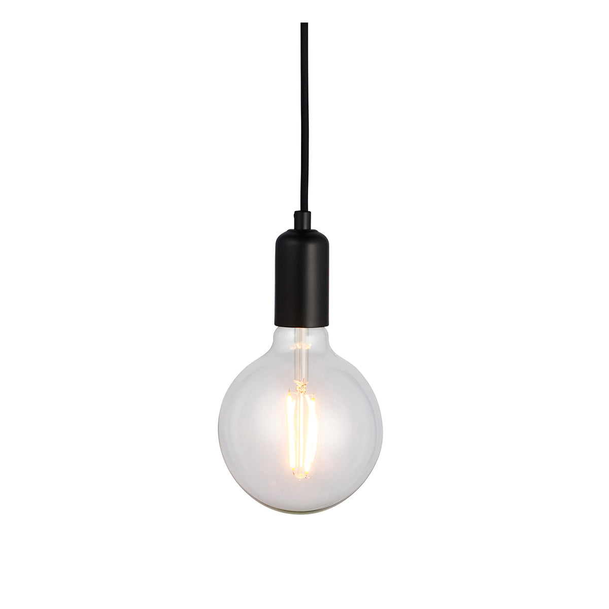 Endon Marlowe pendant light with a matt black E27 lampholder on black fabric flex, fitted with a clear globe filament LED bulb, on a white background.