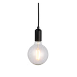 Endon Marlowe pendant light with a matt black E27 lampholder on black fabric flex, fitted with a clear globe filament LED bulb, on a white background.