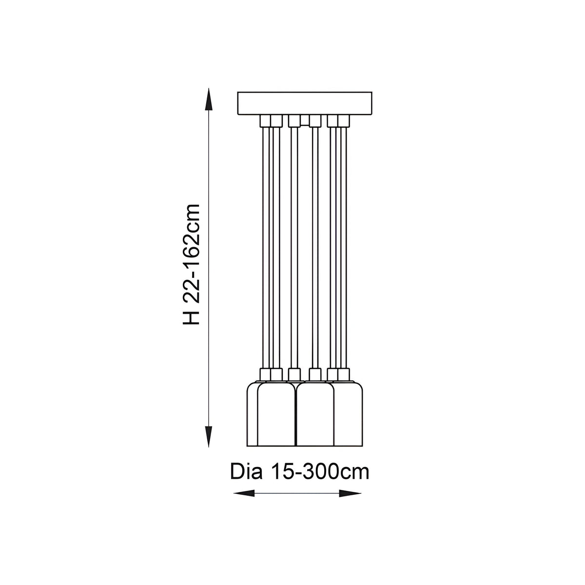 Endon Marlowe 6 Light Pendant dimensions diagram showing height 22-162cm and diameter 15-300cm for the black cable pendant with six lamp holders.