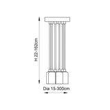 Endon Marlowe 6 Light Pendant dimensions diagram showing height 22-162cm and diameter 15-300cm for the black cable pendant with six lamp holders.