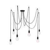 Endon Marlowe 6 Light Pendant in black with six E27 lamp holders on draped black fabric cables and exposed filament bulbs, on a white background.