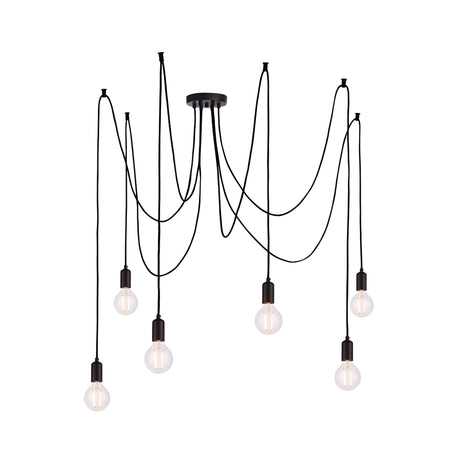 Endon Marlowe 6 Light Pendant in black with six E27 lamp holders on draped black fabric cables and exposed filament bulbs, on a white background.