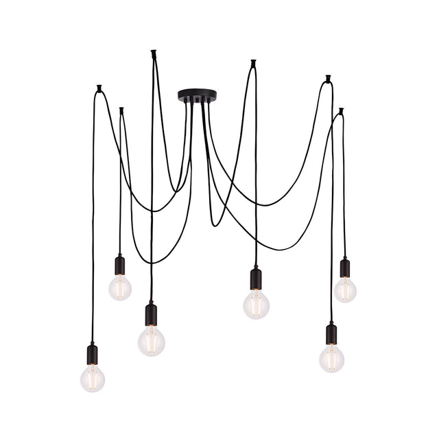 Endon Marlowe 6 Light Pendant in black with six E27 lamp holders on draped black fabric cables and exposed filament bulbs, on a white background.