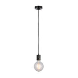 Endon Camden pendant light with a black chrome ceiling rose, black fabric flex, knurled lamp holder and exposed E27 filament globe bulb on white.