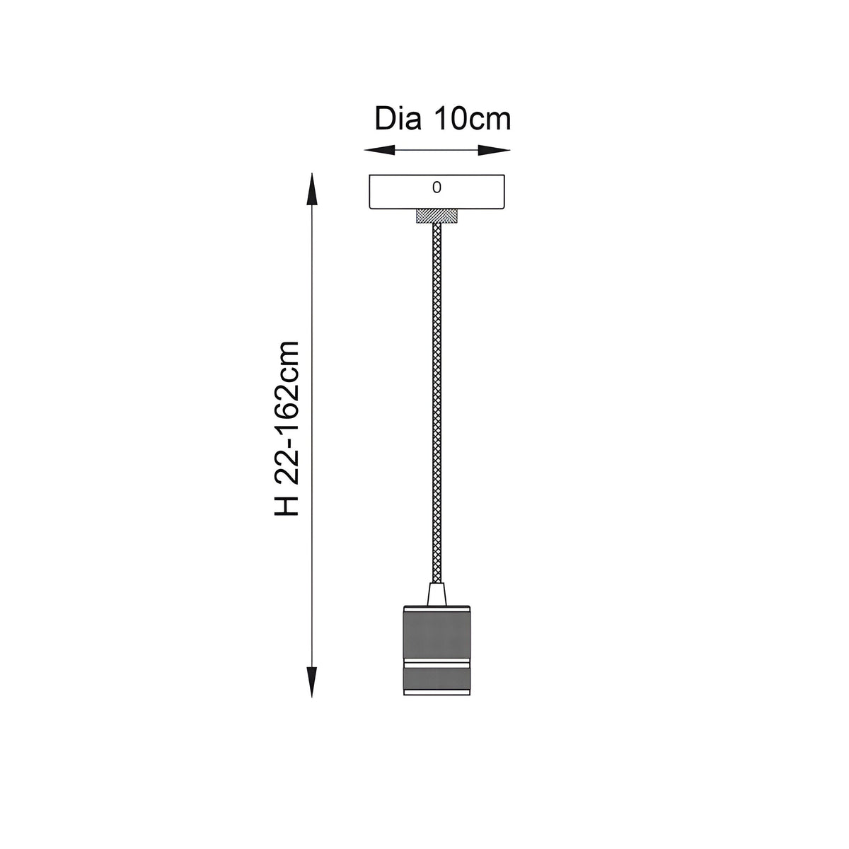 Dimension diagram of Endon Camden pendant light showing 10cm diameter canopy and adjustable height ranging from 22 to 162cm on a plain background.