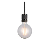 Endon Camden pendant light with a black chrome knurled lamp holder on a black fabric flex, fitted with an exposed E27 filament globe bulb.
