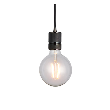 Endon Camden pendant light with a black chrome knurled lamp holder on a black fabric flex, fitted with an exposed E27 filament globe bulb.