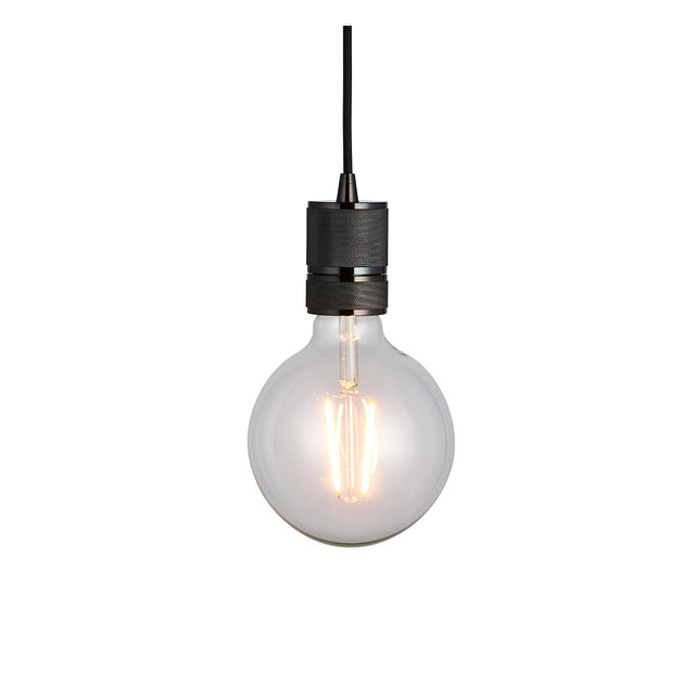 Endon Camden pendant light with a black chrome knurled lamp holder on a black fabric flex, fitted with an exposed E27 filament globe bulb.