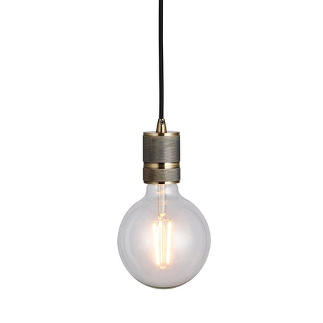 Endon Camden industrial pendant light with antique brass knurled lamp holder, black fabric flex, and exposed E27 filament bulb on a white background.