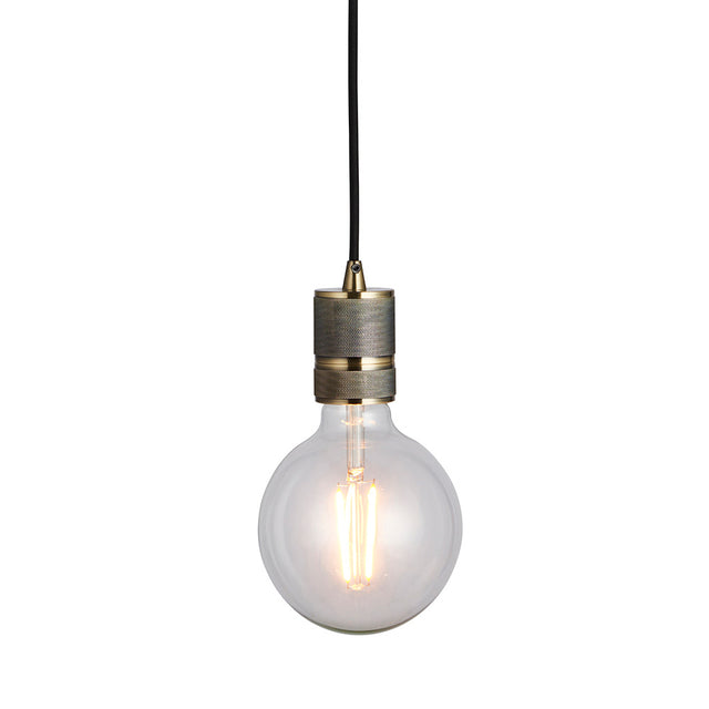 Endon Camden industrial pendant light with antique brass knurled lamp holder, black fabric flex, and exposed E27 filament bulb on a white background.
