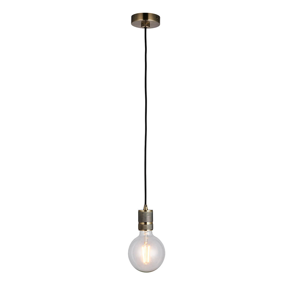 Endon Camden pendant light in brass with a knurled single E27 lamp holder, exposed filament bulb and black fabric flex, shown on a white background.