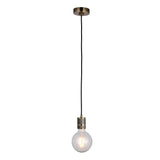 Endon Camden pendant light in brass with a knurled single E27 lamp holder, exposed filament bulb and black fabric flex, shown on a white background.