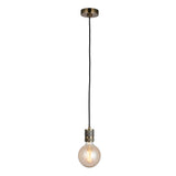 Endon Camden pendant light in antique brass with black fabric flex, knurled lamp holder and exposed E27 filament globe bulb, on a white background.