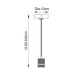 Dimension diagram of the Endon Camden Pendant Light showing 10cm diameter ceiling plate and adjustable height from 22cm to 162cm on a plain background.