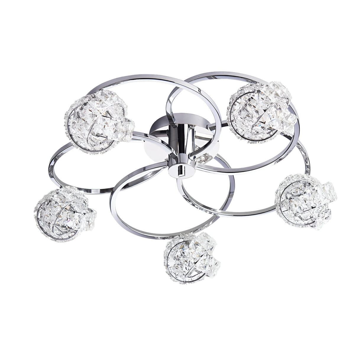 Endon Seraphine 5 light semi-flush ceiling light with polished chrome rings and crystal globe shades, shown on a plain white background.