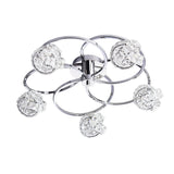 Endon Seraphine 5 light semi-flush ceiling light with polished chrome rings and crystal globe shades, shown on a plain white background.