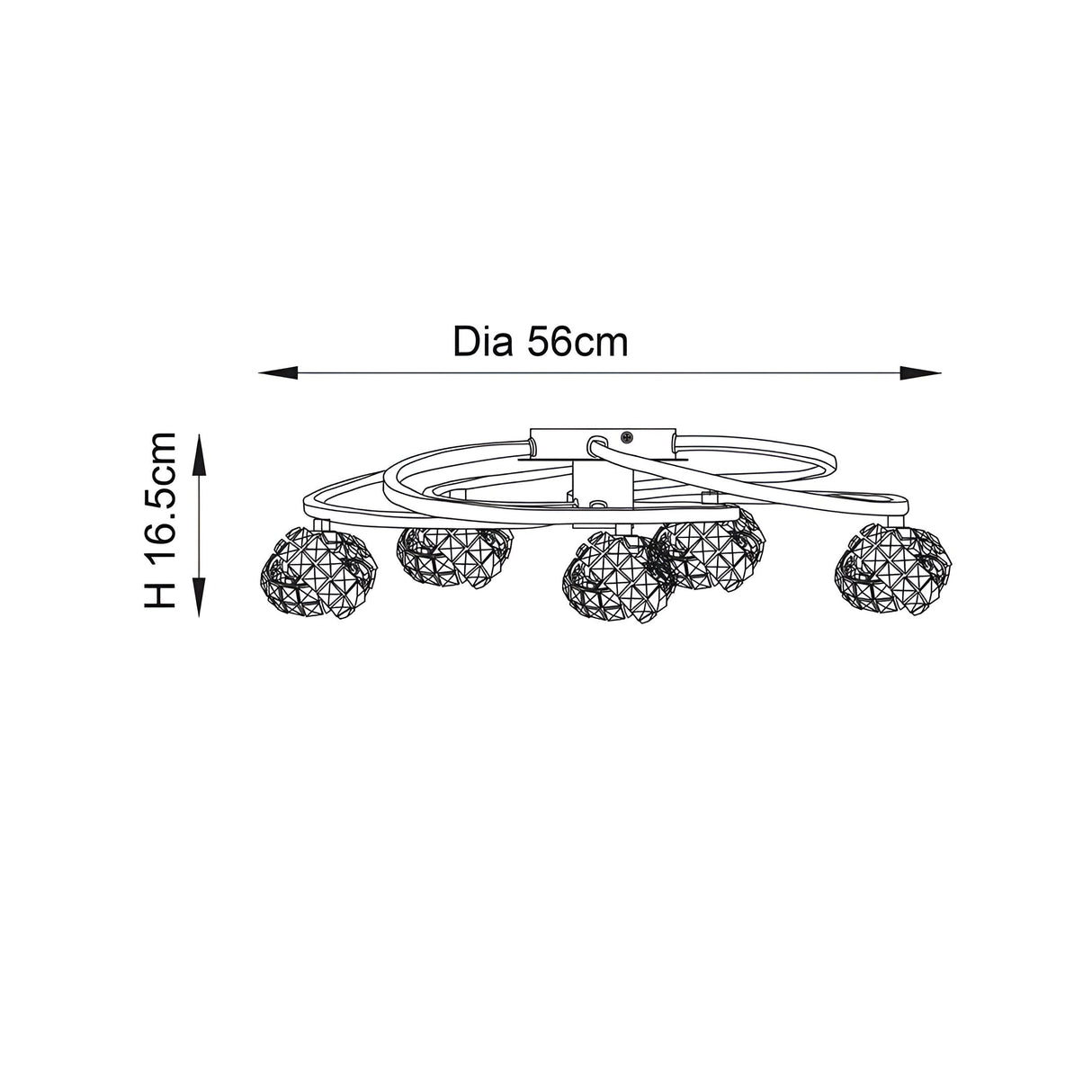 Dimension diagram of the Endon Seraphine 5 light crystal semi-flush ceiling light in polished chrome, showing 56cm diameter and 16.5cm height.