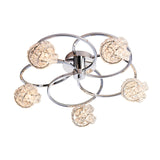 Endon Seraphine 5 light semi-flush ceiling light with polished chrome interlinked rings and crystal globe shades, on a white background.