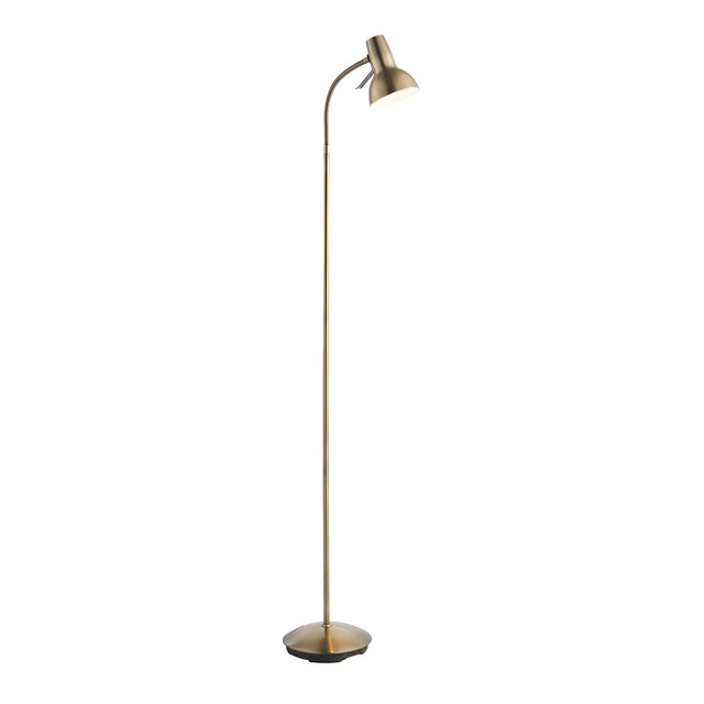 Alderton Floor Lamp in brass, tall slim metal stem with adjustable curved neck, angled cone-shaped shade and round base, on a plain white background.