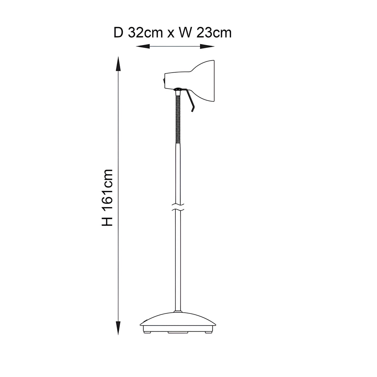 Line drawing of the brass Alderton Floor Lamp, an adjustable single-head reading lamp on a slim base, H 161cm x D 32cm x W 23cm.