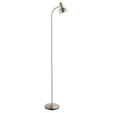 Endon Alderton floor lamp in satin nickel with an adjustable gooseneck stem, domed head with rocker switch, and round weighted base.