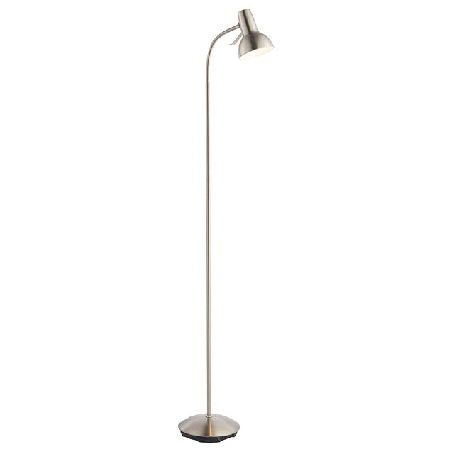 Endon Alderton floor lamp in satin nickel with an adjustable gooseneck stem, domed head with rocker switch, and round weighted base.
