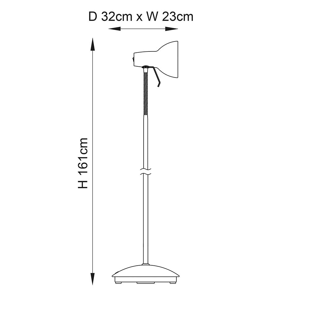 Dimension diagram of the Endon Alderton floor lamp in nickel, showing 161cm height, 32cm depth and 23cm width with adjustable head.